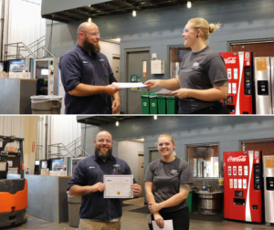 Woman handing man certificate for completing course, smiling at camera